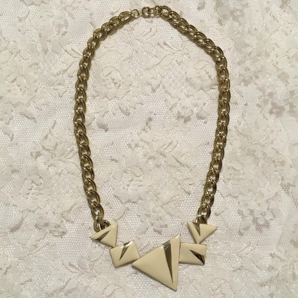 Vintage Enameled Necklace Gold Tone Cream 80s 90s Statement Jewelry